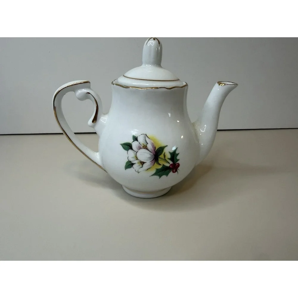 Teapot White  Floral December Mini Birthday Golden Crown E& R Germany  3 1/2
